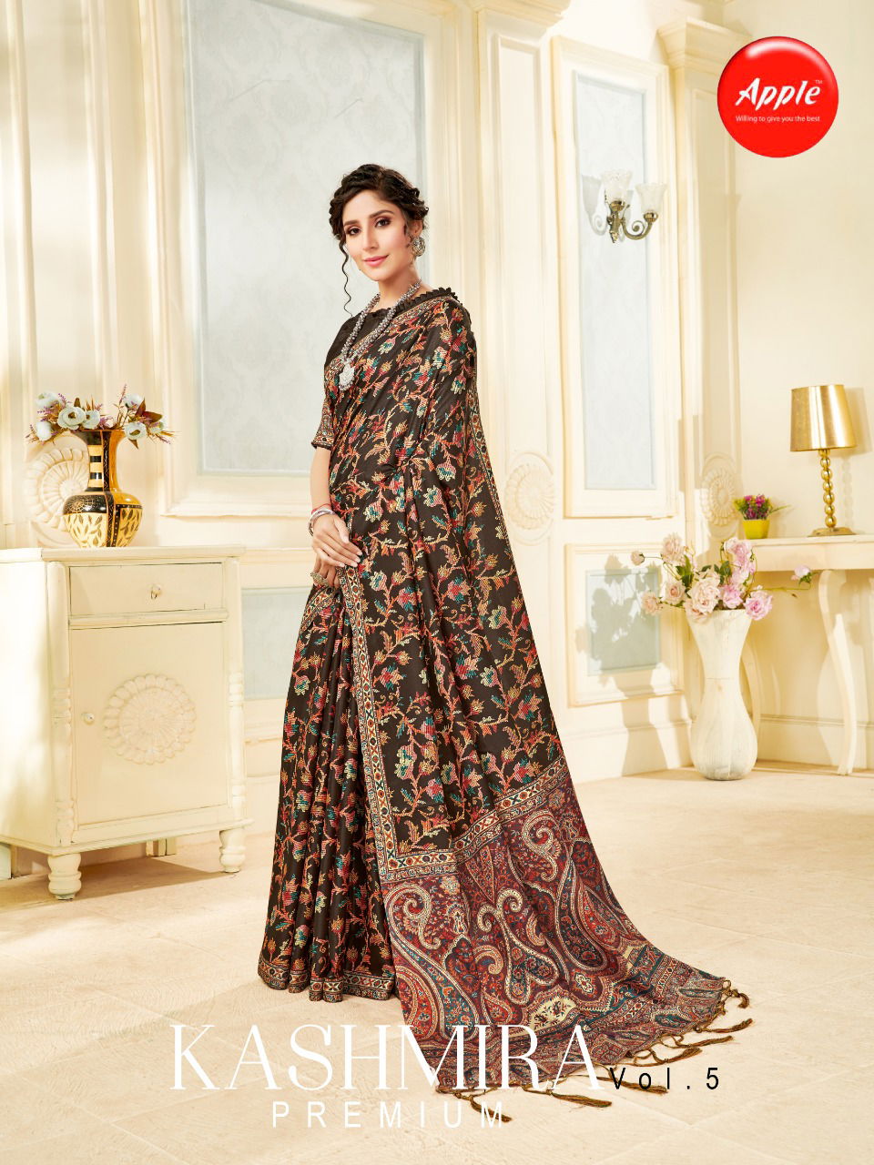 Apple Kashmiri Premium 5 Designer Latest Fancy Festive Wear Digital Printed Pashmina Silk Saree Collection
